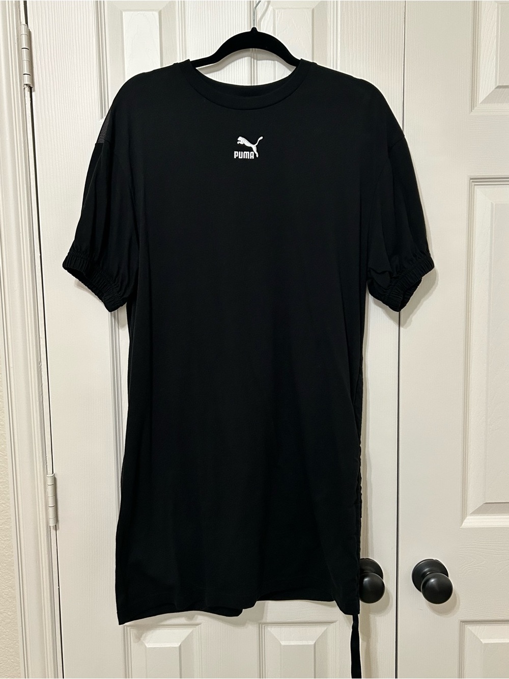 Puma ruched logo mini dress with puff sleeves bow tie mesh back panel athleisure